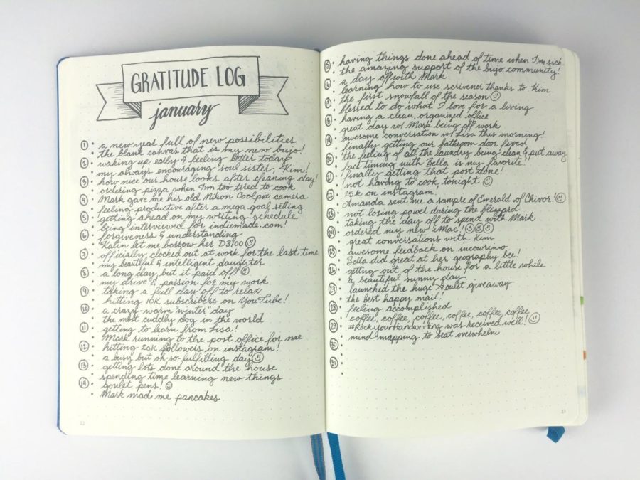This bullet journal provides an example of the listing style of gratitude journal. Each day in the month, the journaler wrote down two things he or she was grateful for.