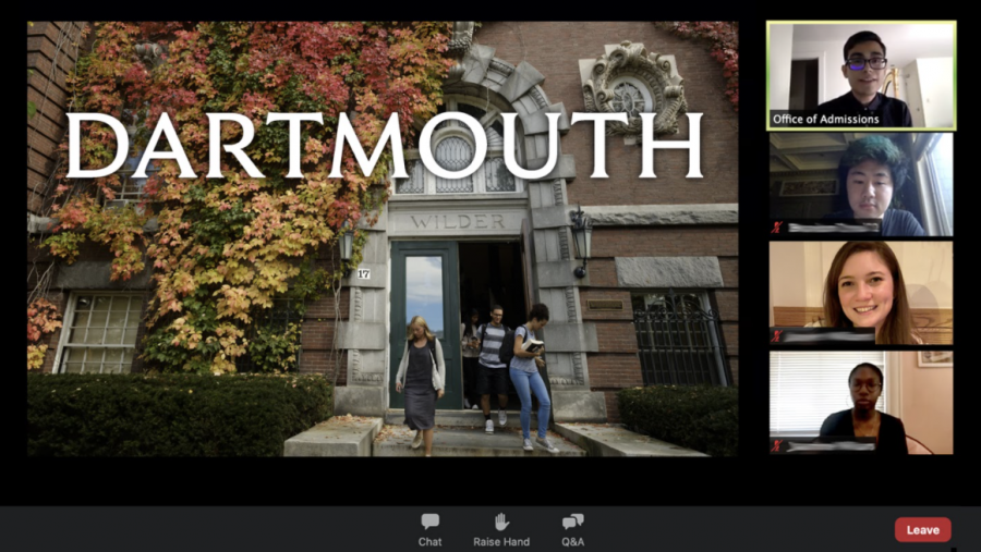 Virtual information session for Dartmouth College held over Zoom along with a Q and A and virtual campus tour, Courtesy of Nicole Biggi ‘21.