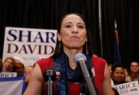 Sharice Davids of Kansas gives a victory speech to supporters at an election party in Olathe, Kansas. Courtesy of Colin E. Braley of the Washington Post. 