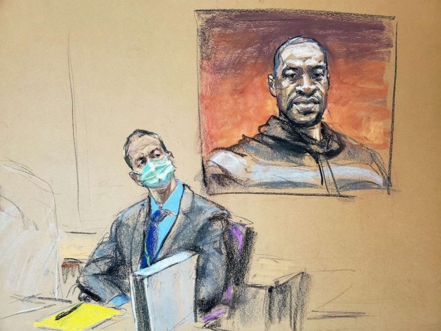 A courtroom sketch depicting Derek Chauvin in front of George Floyd’s photo displayed during the trial on 29 March 2021.