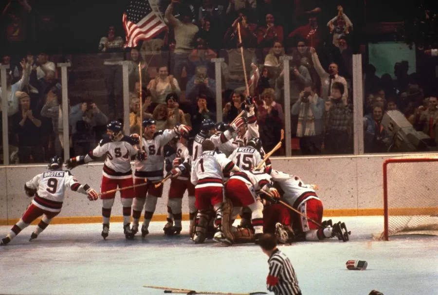 The+US+mens+hockey+team+won+an+underdog+victory+over+the+defending+four-time+gold+medal+Soviet+team+at+the+Winter+Olympics+%281980%29