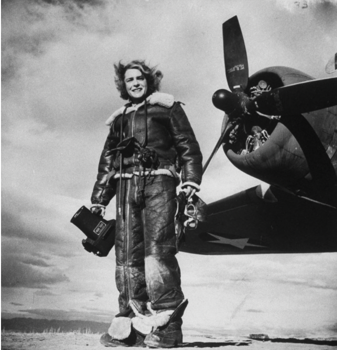 Margaret Bourke-White’s favorite self-portrait, made with the U.S. 8th Air Force in 1943.
