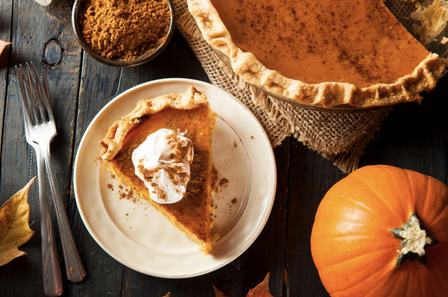A delicious slice of pumpkin pie on Thanksgiving