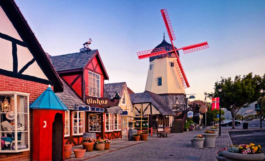 Solvang, a small city in CA, boasts authentic architecture including thatched roofs and traditional windmills. (Image courtesy of https://travellemming.com/things-to-do-in-solvang/) 