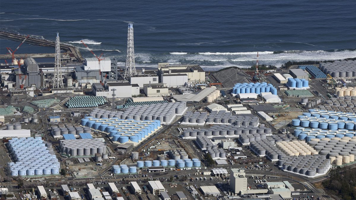 An aerial photo shows Fukushima No. 1 nuclear power plant in Okuma town, Fukushima Prefecture on April 7, 2021. The sapace for contaminated water tanks is running out in the near future. ( The Yomiuri Shimbun via AP Images )