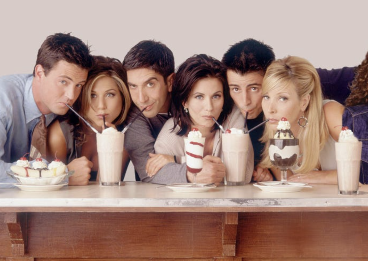 Matthew Perry alongside the cast of Friends. Photo courtesy of USA Today