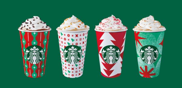 Classic holiday Starbucks drinks (pictured left to right) such as Peppermint Mocha, Caramel Brulée Latte, Toasted White Chocolate Mocha and Chestnut Praline Latte.
