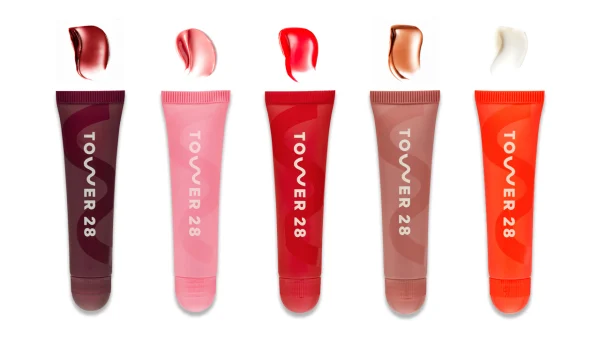 Tower 28 LipSoftie Hydrating Tinted Lip Treatment Balms and their swatches (Courtesy of Tower 28)