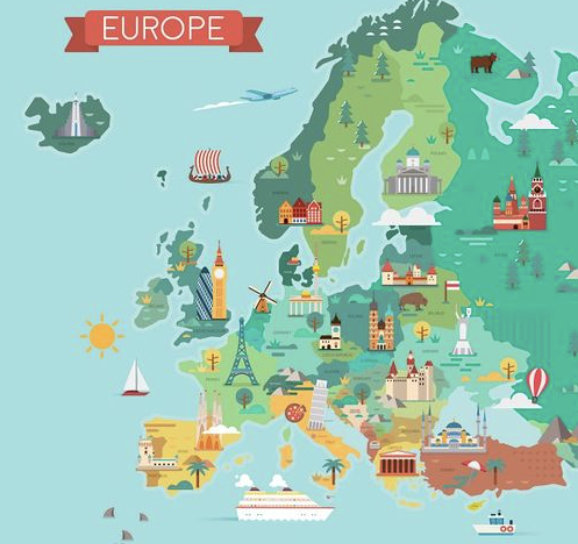 Map of European tourist hot spots. 